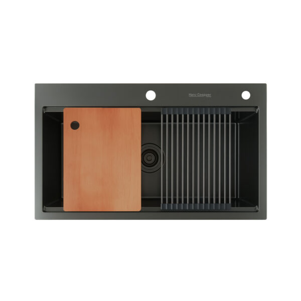 8046PBL HansCoopper 8046PBL – Black SUS304 Stainless Steel Kitchen Sink with Cutting Board & Drying Rack